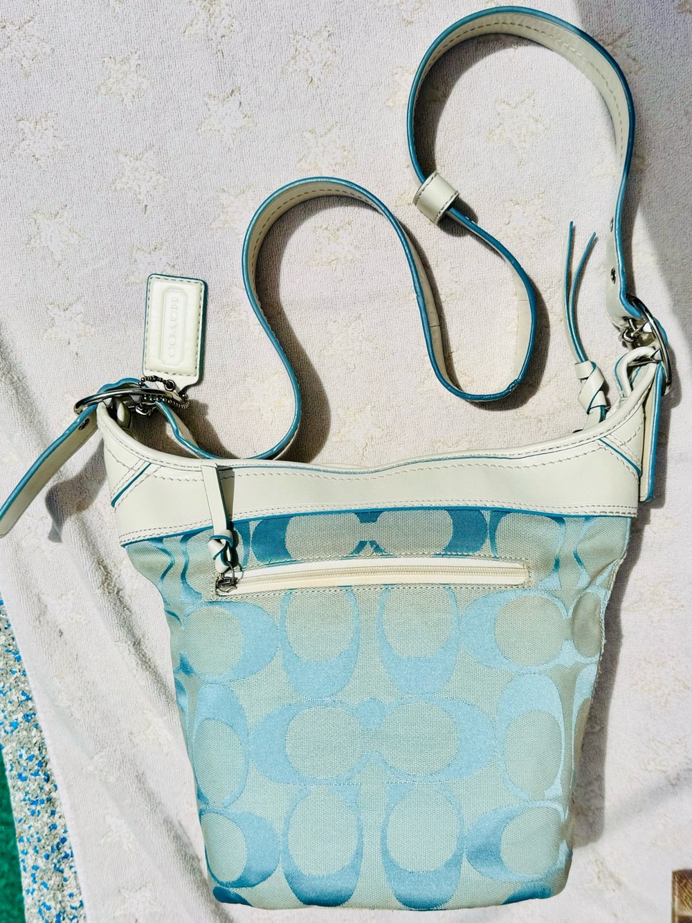 Coach 2008 Convertible Bucket Bag #F13358 blue white Sig C Canvas Leather - EUC - Picture 15 of 16